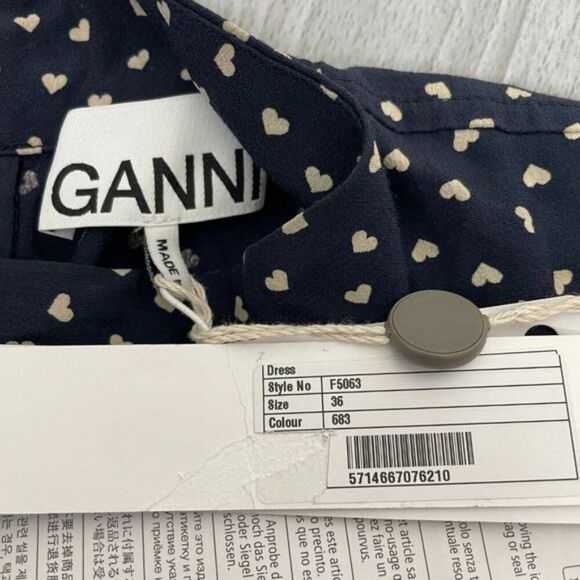 Ganni Heart Print Crepe Long Sleeve Relaxed Midi Dress Navy Blue EU 36/ S/ 4 - Picture 8 of 13